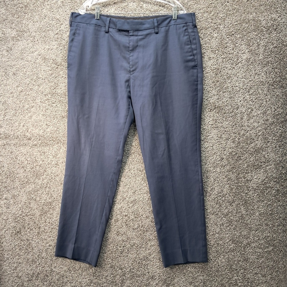 Mens Wool Blend Slim‎ Fit Dress Pants Slate Blue Flat Front Trousers 28x29